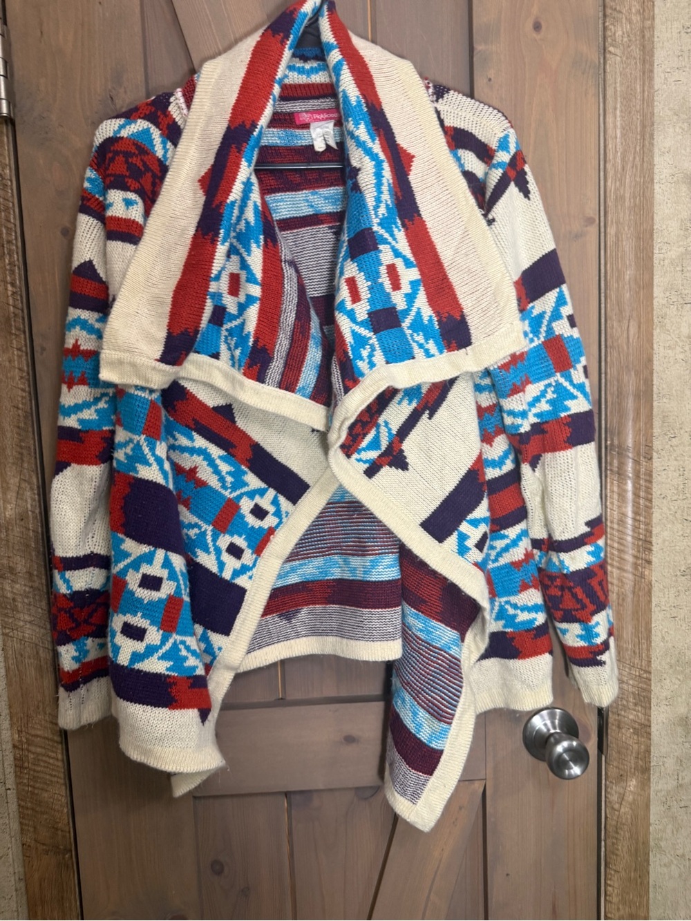 Open-Front Aztec Knit Cardigan Sweater - Cream with Red & Blue Accents